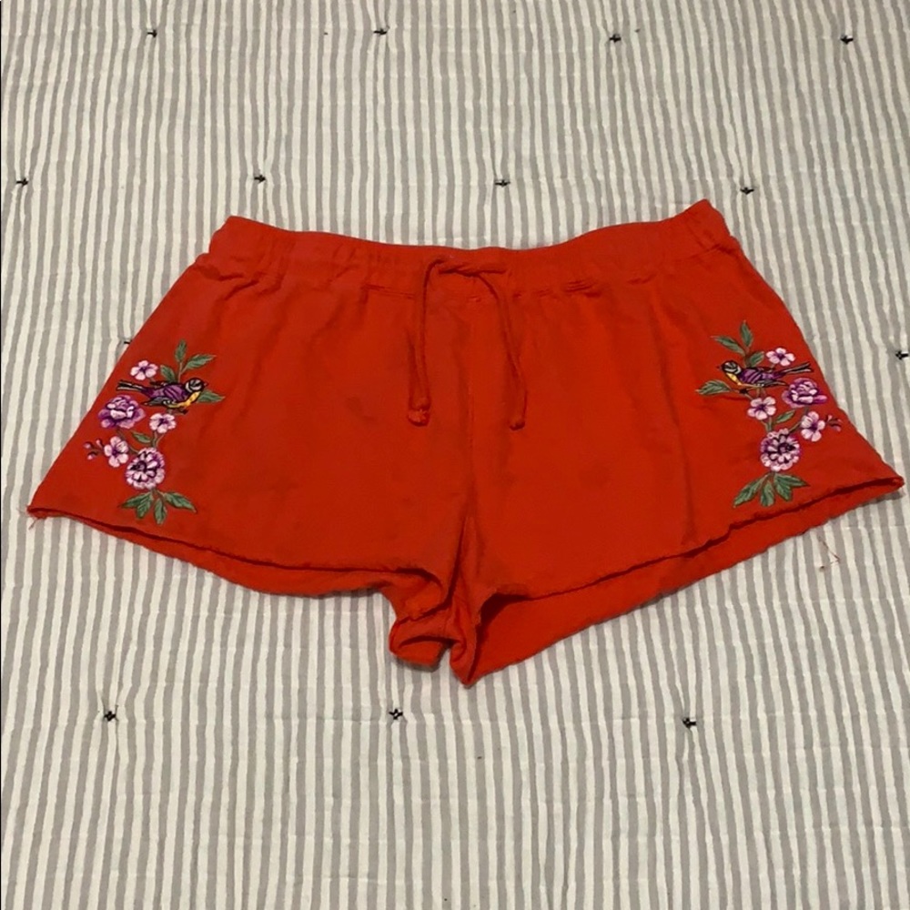 Red Embroidered Lounge Shorts